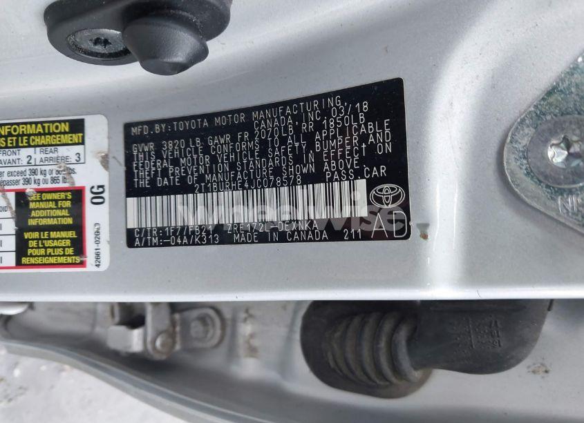 Photo 9 of 2018 Toyota Corolla LE (VIN 2T1BURHE4JC078578)