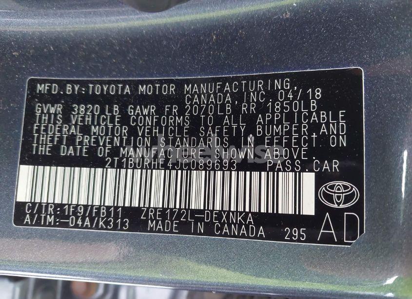 Photo 9 of 2018 Toyota Corolla LE (VIN 2T1BURHE4JC089693)