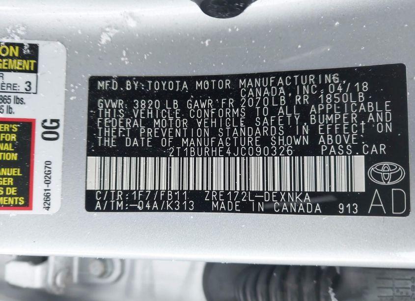 Photo 9 of 2018 Toyota Corolla LE (VIN 2T1BURHE4JC090326)