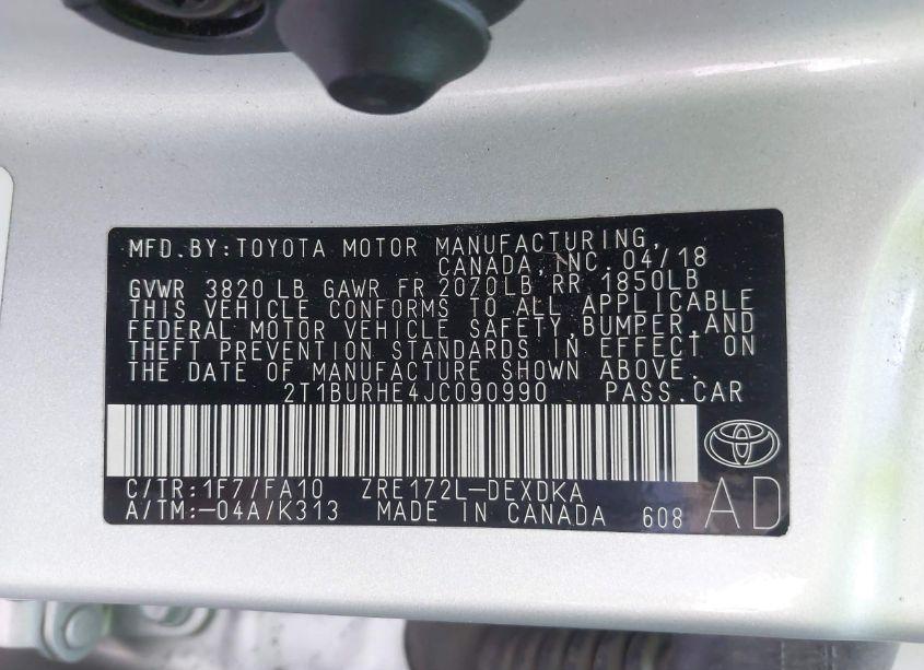 Photo 9 of 2018 Toyota Corolla L (VIN 2T1BURHE4JC090990)