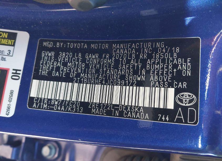 Photo 9 of 2018 Toyota Corolla SE (VIN 2T1BURHE4JC099172)