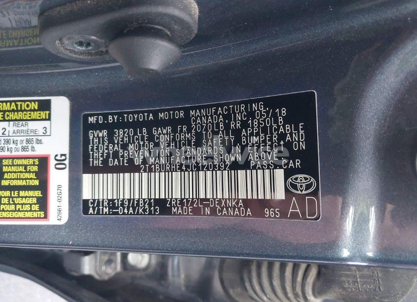 Photo 9 of 2018 Toyota Corolla LE (VIN 2T1BURHE4JC120392)
