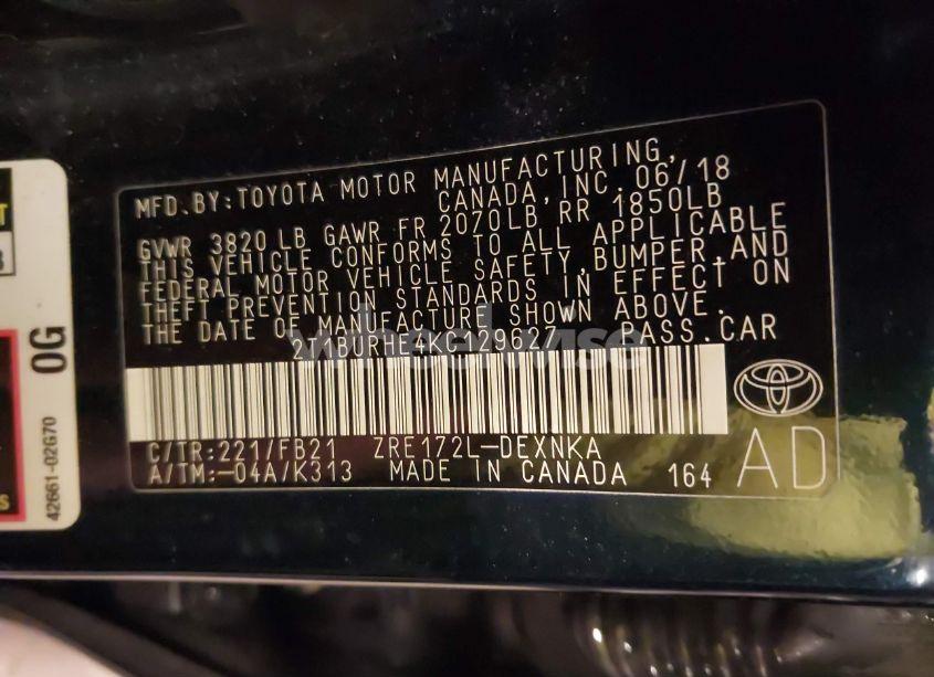 Photo 9 of 2019 Toyota Corolla LE (VIN 2T1BURHE4KC129627)