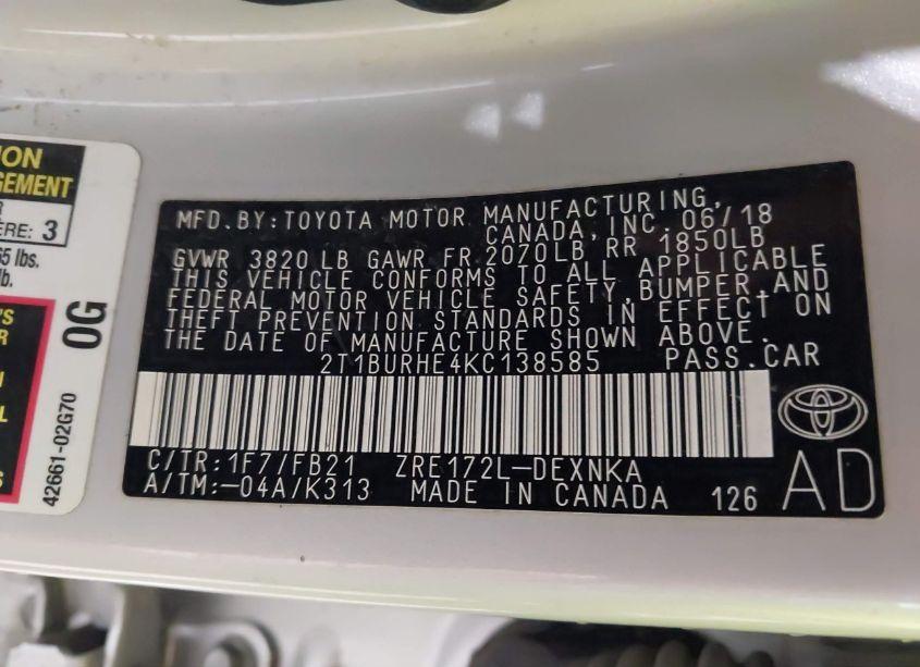 Photo 9 of 2019 Toyota Corolla LE (VIN 2T1BURHE4KC138585)