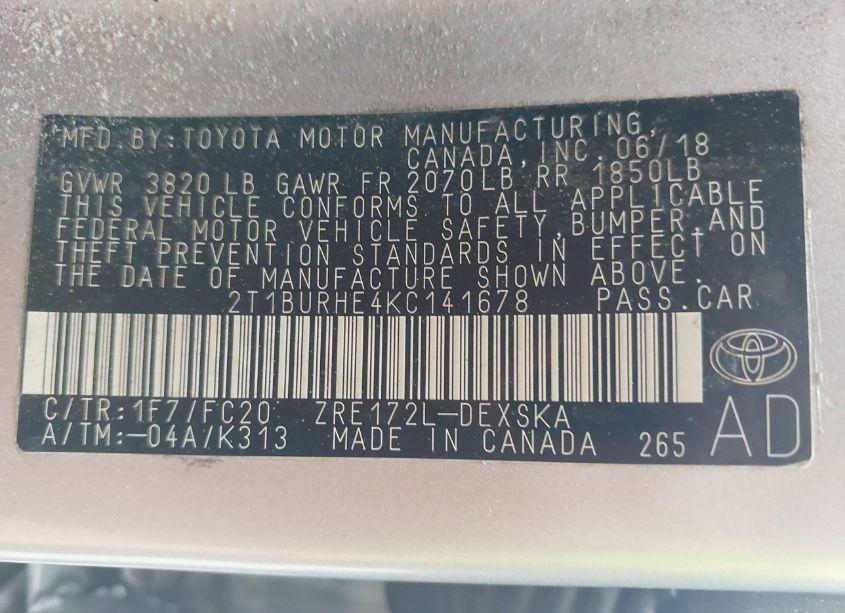 Photo 9 of 2019 Toyota Corolla SE (VIN 2T1BURHE4KC141678)