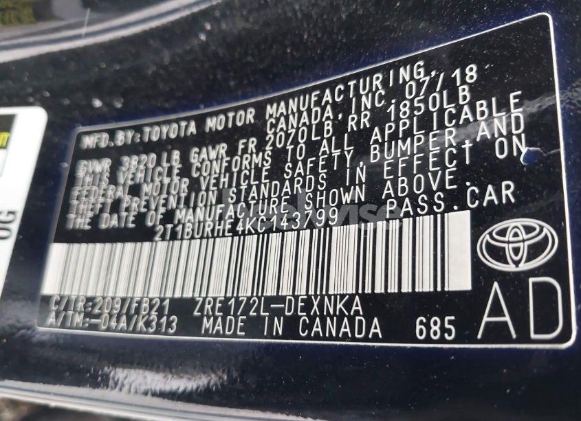 Photo 9 of 2019 Toyota Corolla LE (VIN 2T1BURHE4KC143799)