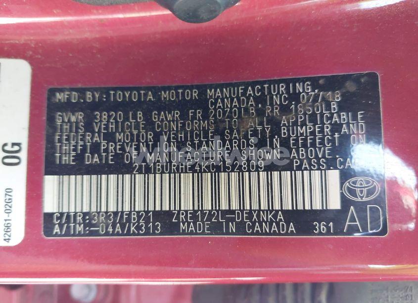 Photo 9 of 2019 Toyota Corolla LE (VIN 2T1BURHE4KC152809)