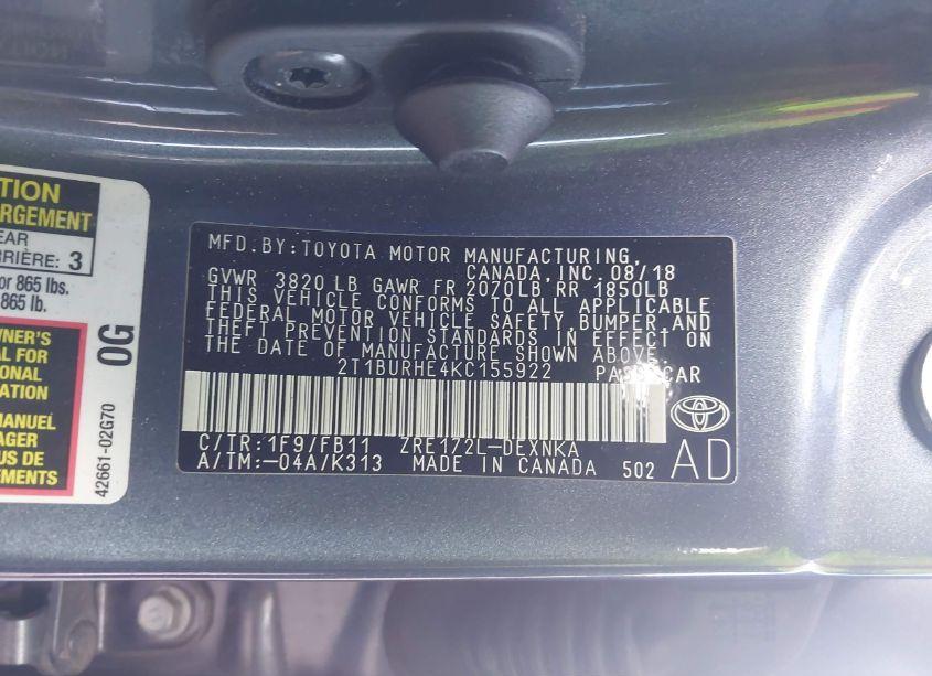 Photo 9 of 2019 Toyota Corolla LE (VIN 2T1BURHE4KC155922)