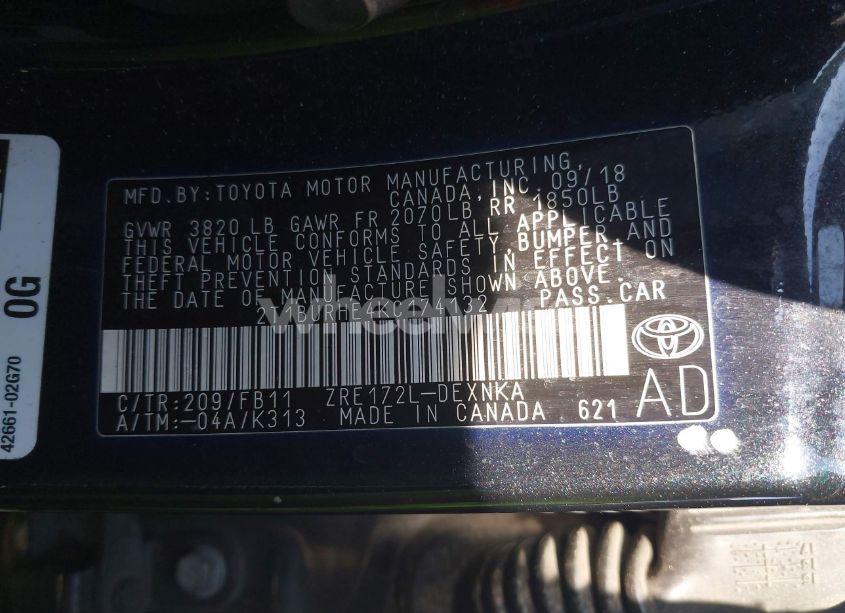 Photo 9 of 2019 Toyota Corolla LE (VIN 2T1BURHE4KC174132)