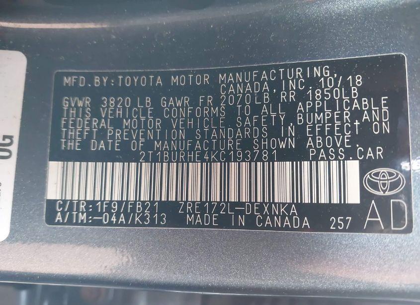 Photo 9 of 2019 Toyota Corolla LE (VIN 2T1BURHE4KC193781)