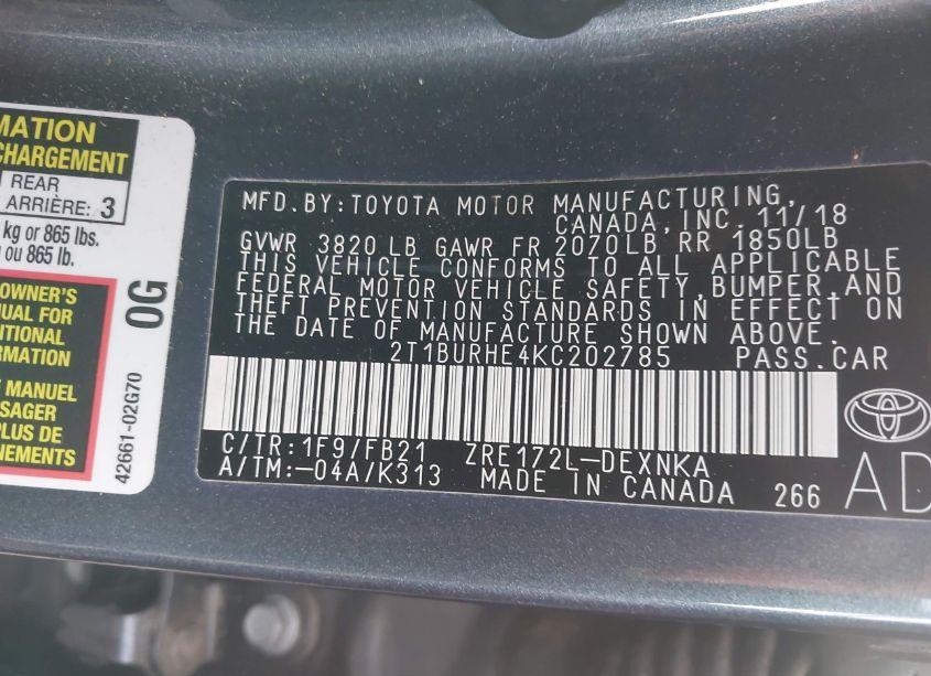 Photo 9 of 2019 Toyota Corolla LE (VIN 2T1BURHE4KC202785)