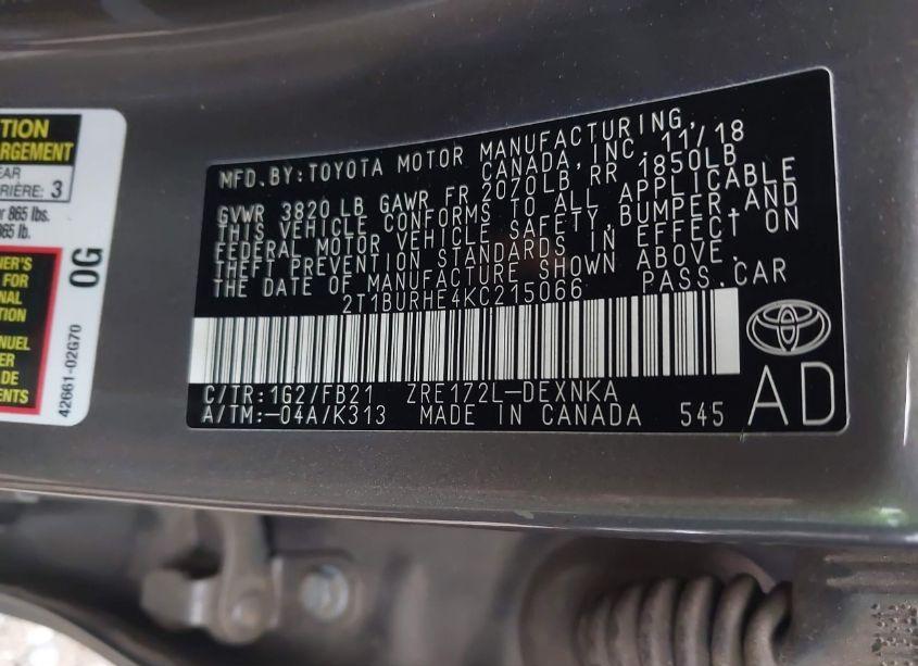 Photo 9 of 2019 Toyota Corolla LE (VIN 2T1BURHE4KC215066)