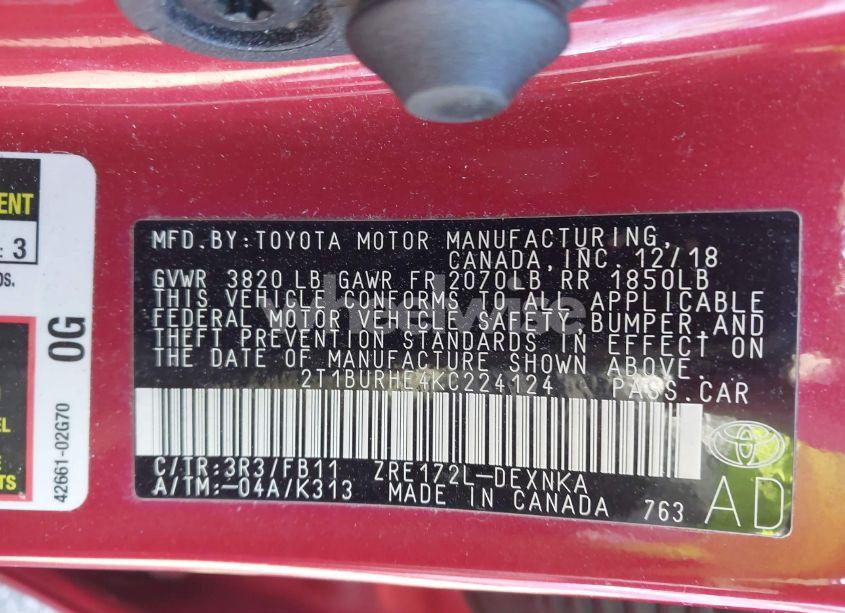 Photo 9 of 2019 Toyota Corolla LE (VIN 2T1BURHE4KC224124)