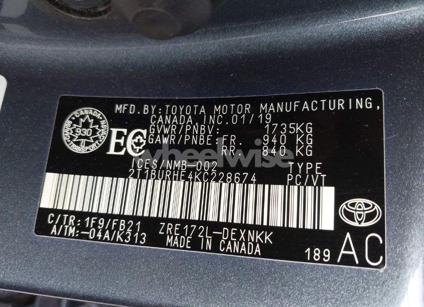 Photo 9 of 2019 Toyota Corolla LE (VIN 2T1BURHE4KC228674)