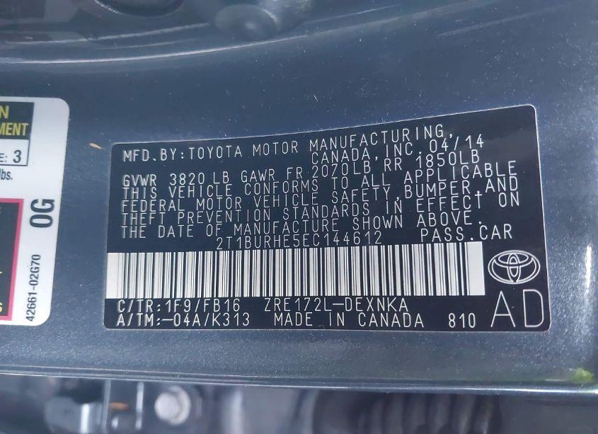 Photo 9 of 2014 Toyota Corolla LE (VIN 2T1BURHE5EC144612)