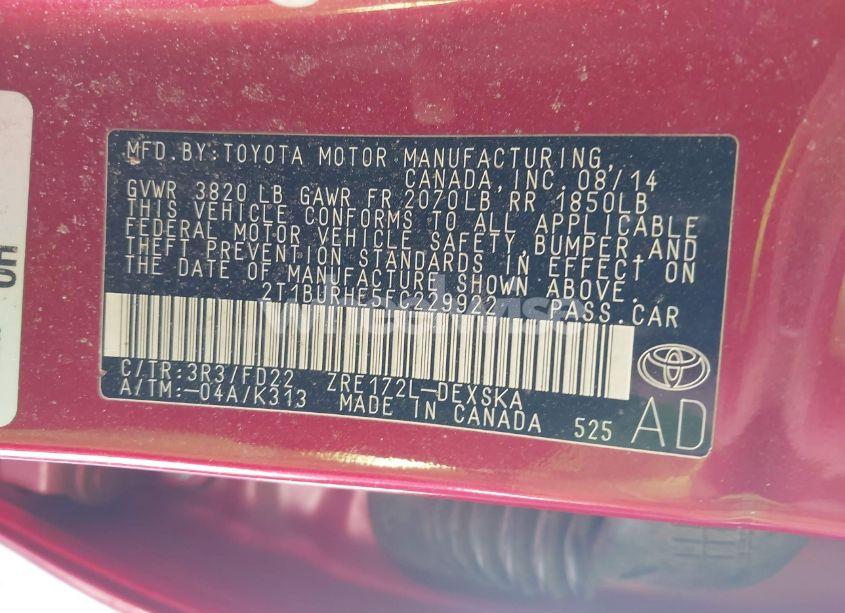 Photo 9 of 2015 Toyota Corolla S PLUS (VIN 2T1BURHE5FC229922)