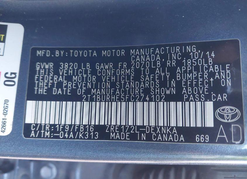 Photo 9 of 2015 Toyota Corolla LE (VIN 2T1BURHE5FC274102)