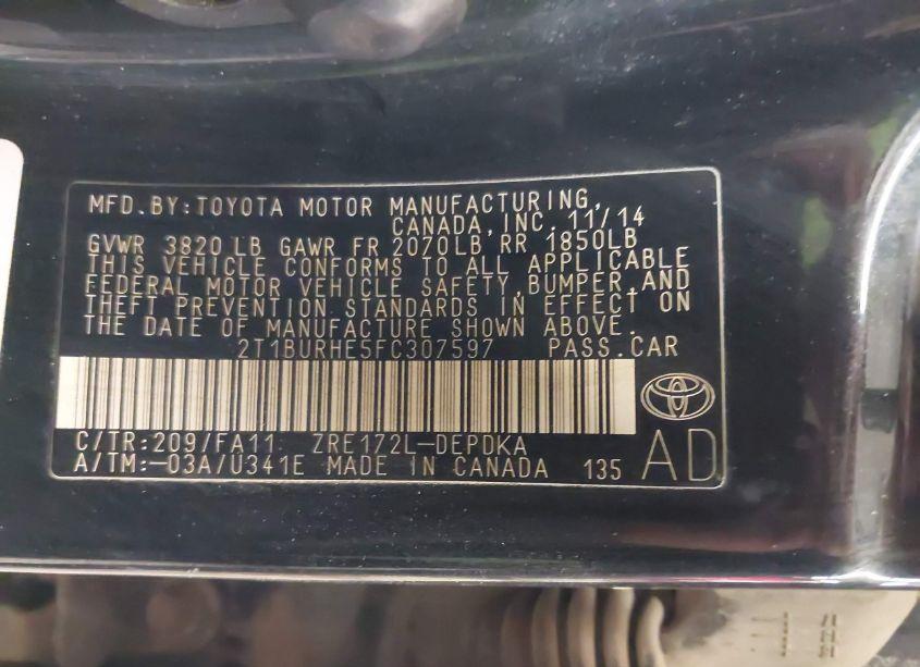 Photo 9 of 2015 Toyota Corolla L (VIN 2T1BURHE5FC307597)