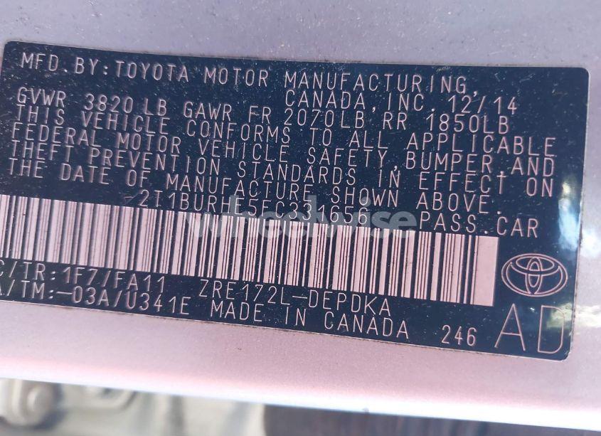 Photo 9 of 2015 Toyota Corolla L (VIN 2T1BURHE5FC331656)