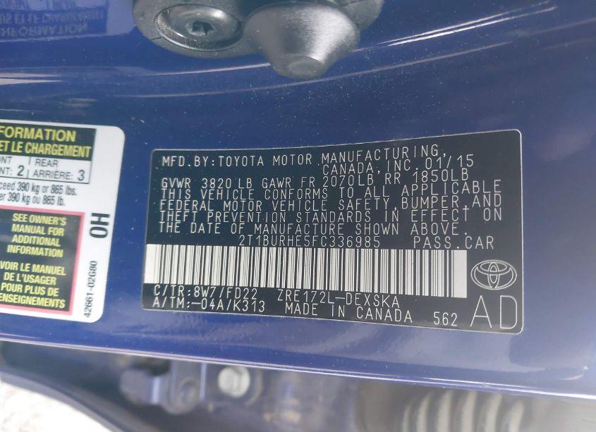 Photo 9 of 2015 Toyota Corolla L/LE/LE PLS/PRM/S/S PLS (VIN 2T1BURHE5FC336985)