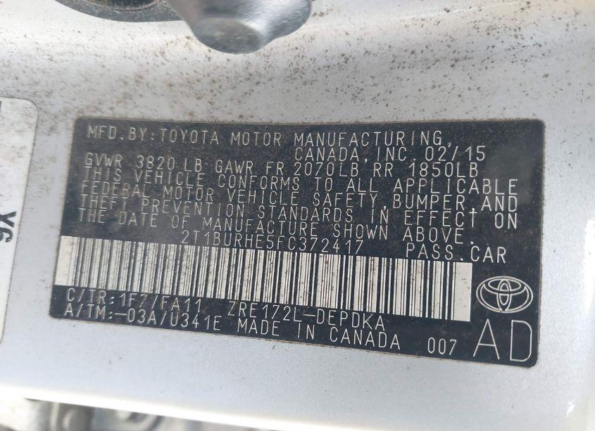 Photo 9 of 2015 Toyota Corolla L (VIN 2T1BURHE5FC372417)