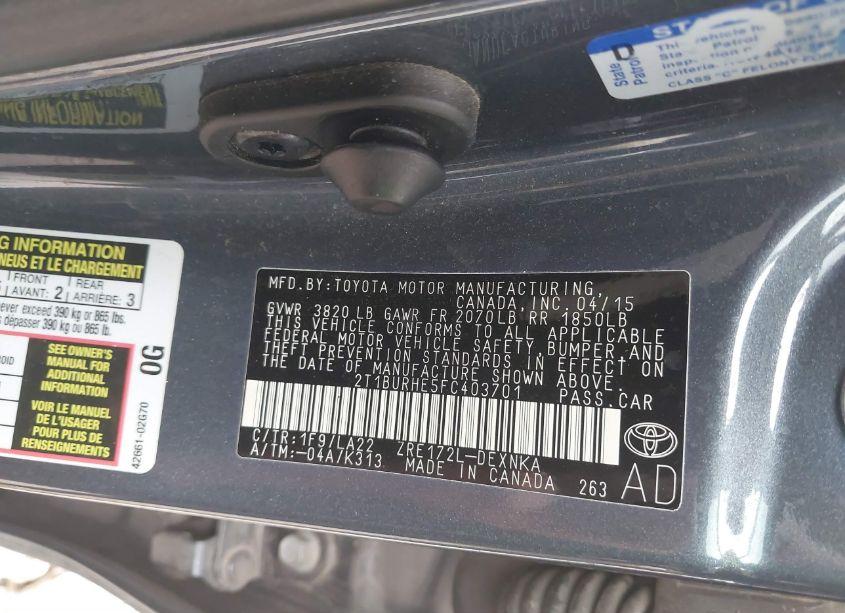 Photo 9 of 2015 Toyota Corolla LE PREMIUM (VIN 2T1BURHE5FC403701)