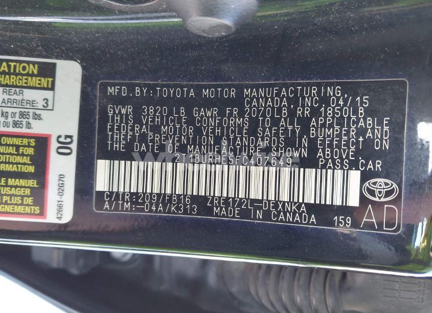 Photo 9 of 2015 Toyota Corolla LE (VIN 2T1BURHE5FC407649)