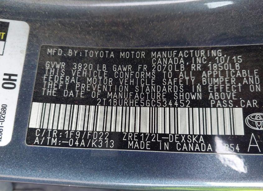 Photo 9 of 2016 Toyota Corolla S PLUS (VIN 2T1BURHE5GC534452)