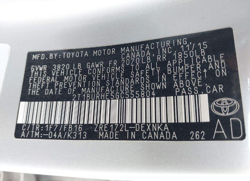 Photo 9 of 2016 Toyota Corolla LE (VIN 2T1BURHE5GC555804)
