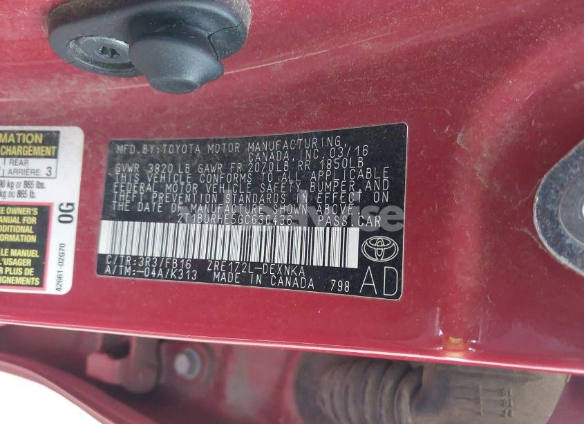 Photo 9 of 2016 Toyota Corolla LE PLUS (VIN 2T1BURHE5GC630436)