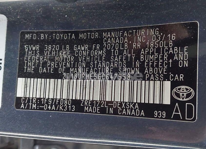 Photo 9 of 2016 Toyota Corolla L/LE/LE PLS/PRM/S/S PLS (VIN 2T1BURHE5GC647558)