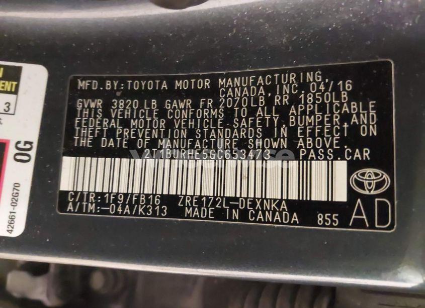 Photo 9 of 2016 Toyota Corolla LE (VIN 2T1BURHE5GC653473)