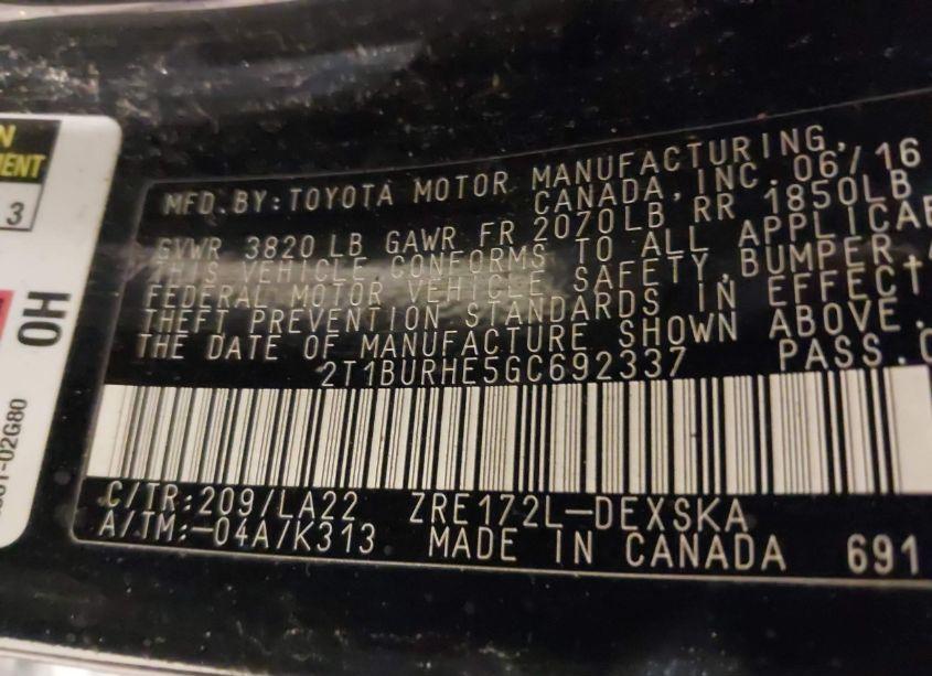 Photo 9 of 2016 Toyota Corolla S PREMIUM (VIN 2T1BURHE5GC692337)