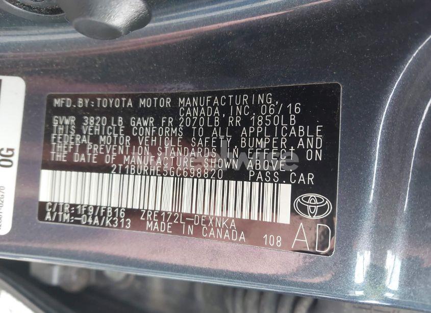 Photo 9 of 2016 Toyota Corolla LE (VIN 2T1BURHE5GC698820)