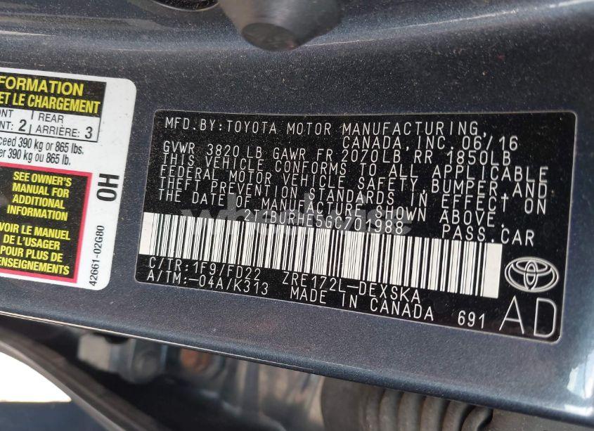 Photo 9 of 2016 Toyota Corolla S PLUS (VIN 2T1BURHE5GC701988)