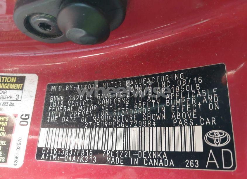 Photo 9 of 2016 Toyota Corolla LE (VIN 2T1BURHE5GC729984)