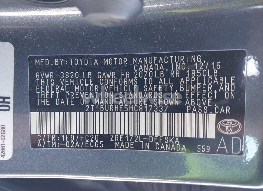 Photo 9 of 2017 Toyota Corolla SE (VIN 2T1BURHE5HC817337)