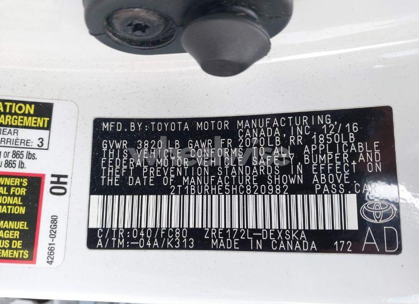 Photo 9 of 2017 Toyota Corolla SE (VIN 2T1BURHE5HC820982)