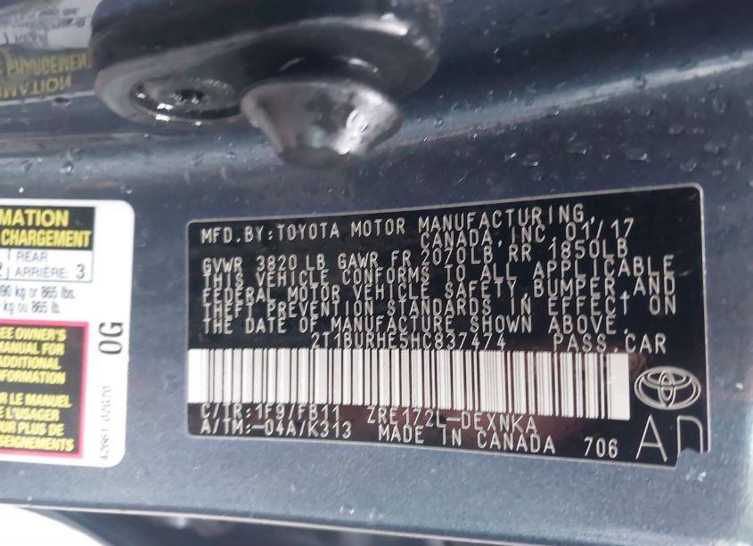 Photo 9 of 2017 Toyota Corolla LE (VIN 2T1BURHE5HC837474)