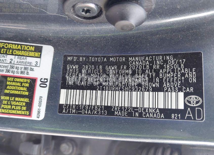 Photo 9 of 2017 Toyota Corolla LE (VIN 2T1BURHE5HC932679)