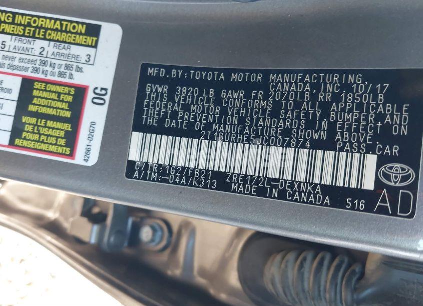 Photo 9 of 2018 Toyota Corolla LE (VIN 2T1BURHE5JC007874)