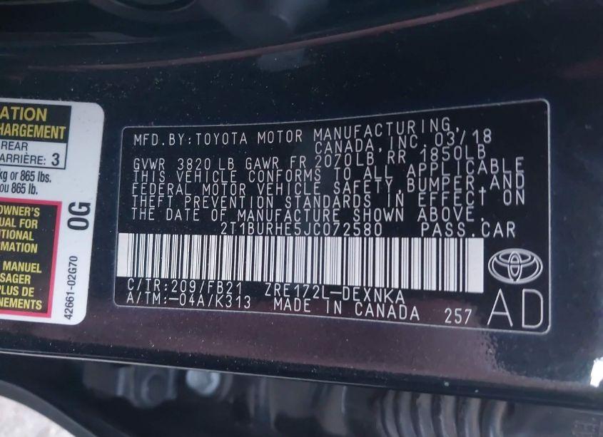 Photo 9 of 2018 Toyota Corolla LE (VIN 2T1BURHE5JC072580)