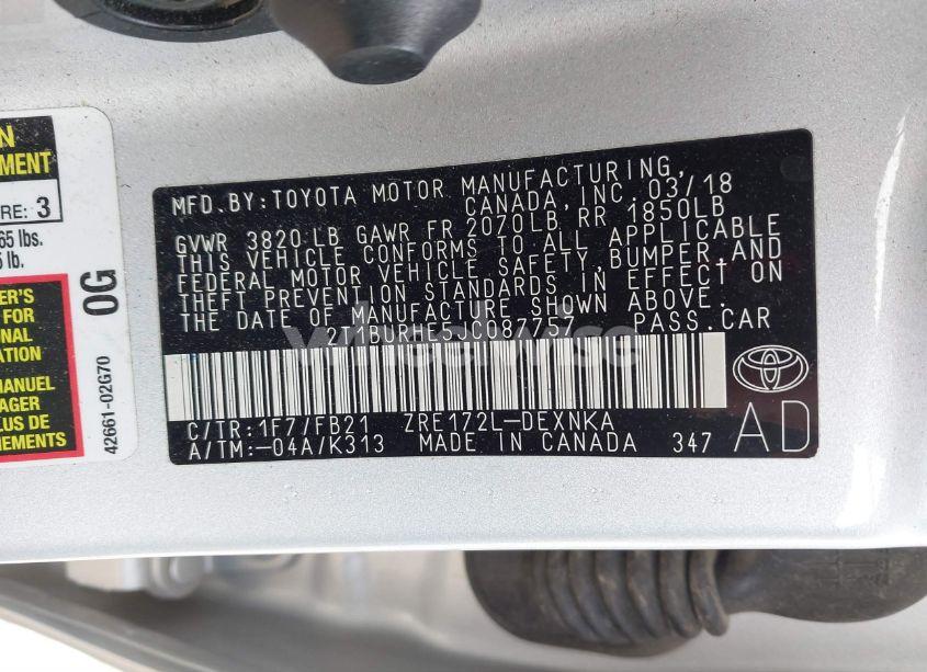 Photo 9 of 2018 Toyota Corolla LE (VIN 2T1BURHE5JC087757)