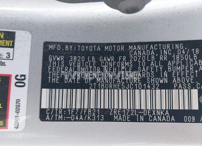 Photo 9 of 2018 Toyota Corolla LE (VIN 2T1BURHE5JC101432)