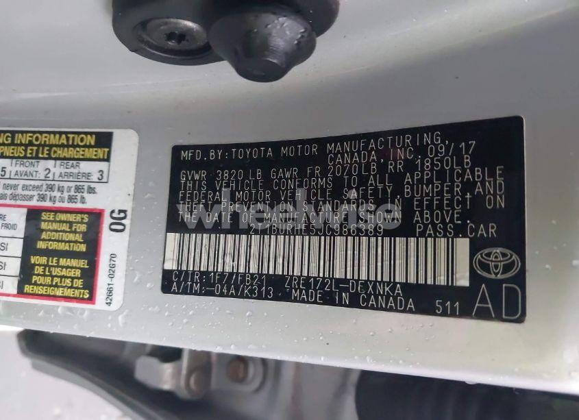 Photo 9 of 2018 Toyota Corolla LE (VIN 2T1BURHE5JC986389)