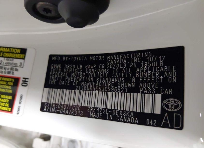 Photo 9 of 2018 Toyota Corolla SE (VIN 2T1BURHE5JC996923)
