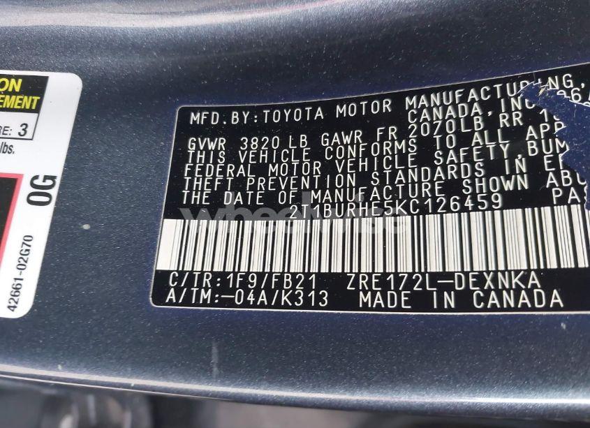 Photo 9 of 2019 Toyota Corolla LE (VIN 2T1BURHE5KC126459)