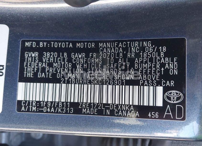 Photo 9 of 2019 Toyota Corolla LE (VIN 2T1BURHE5KC126901)