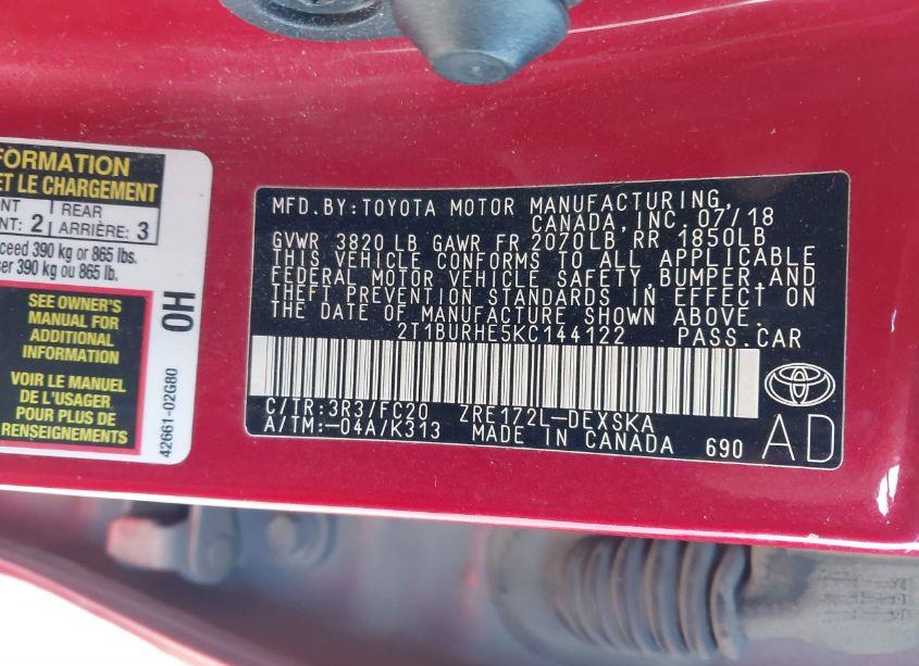 Photo 9 of 2019 Toyota Corolla SE (VIN 2T1BURHE5KC144122)