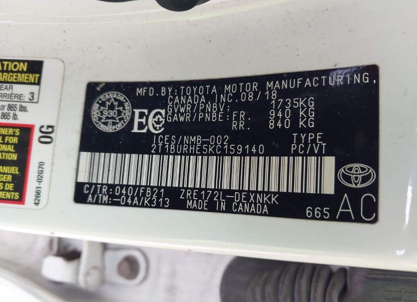 Photo 9 of 2019 Toyota Corolla LE (VIN 2T1BURHE5KC159140)